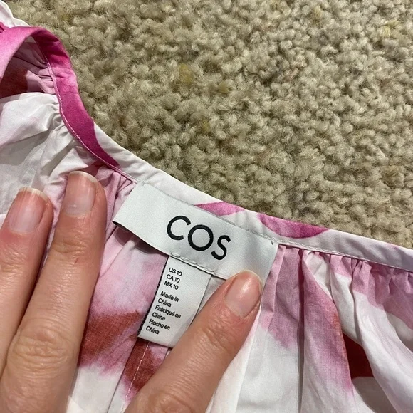 COS Women’s Puff Sleeve Printed Dress Pink Size 10 Barbiecore Flowy Shirt Dress - Picture 4 of 8